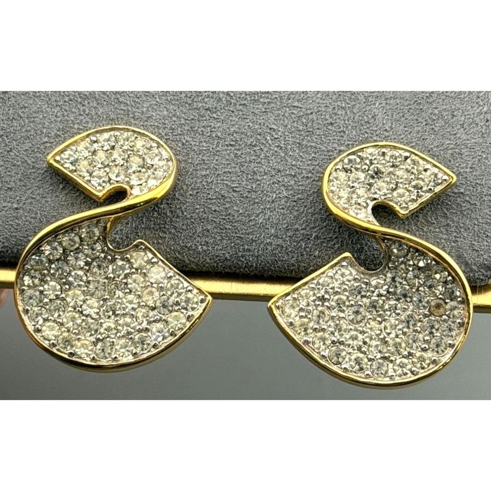 Vintage Givenchy Earrings Pavé Rhinestone Swirl Clip Gold Tone Paris New York 1"